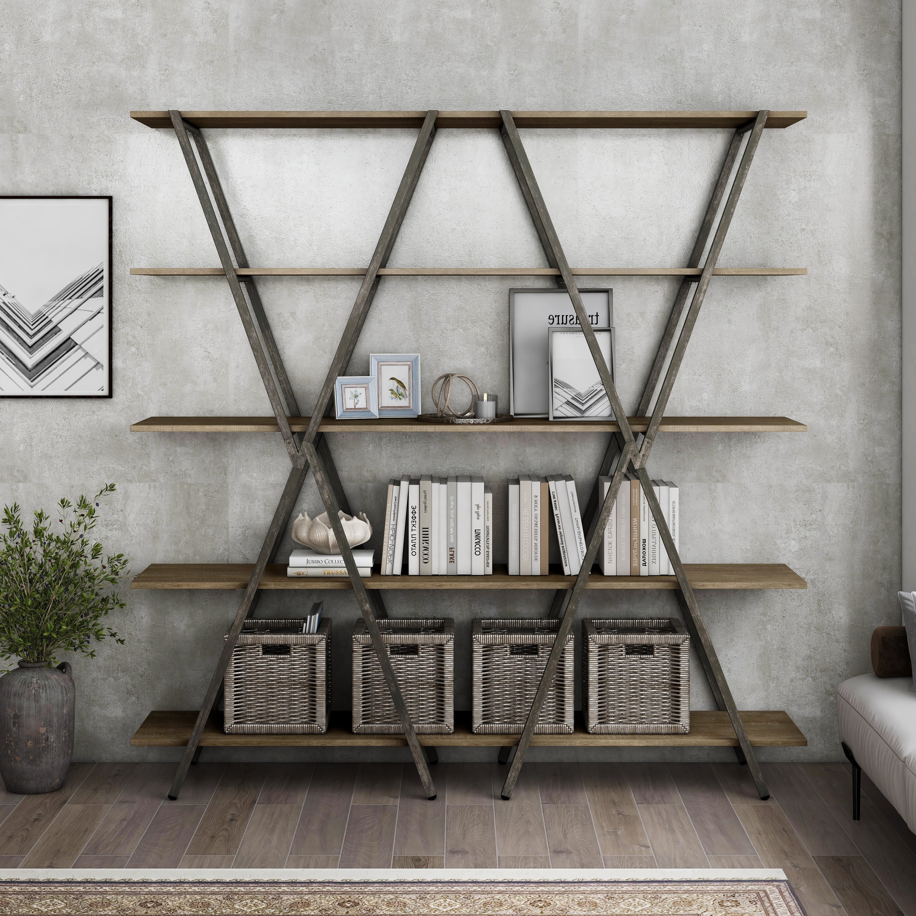 Leighton Industrial Oak and Gun Metal 5-Shelf Bookcase by Furniture of America