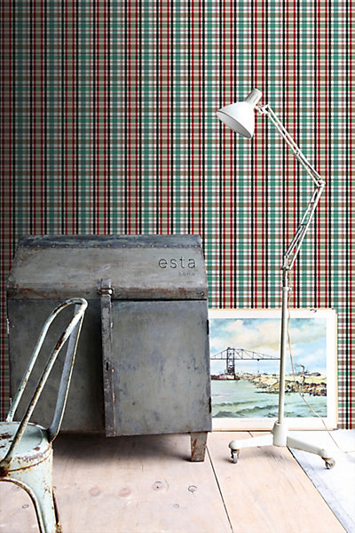 ESTAhome papier peint à carreaux rouge, vert et marron 53 cm x 10.05 m