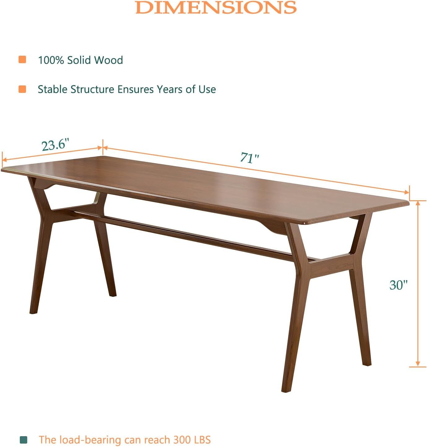 Solid Wood Study Desk - 71 Double Long Computer Table for Home Office, 2-Person PC Workstation, Walnut