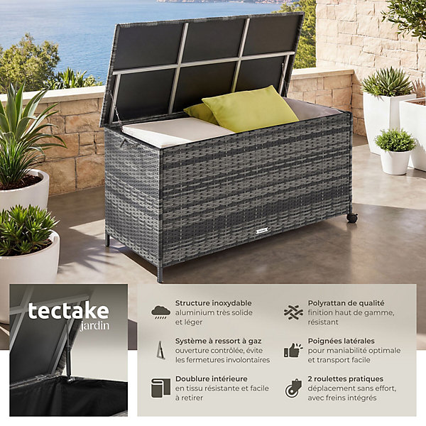 Boîte de rangement extérieur en polyrotin Kuusamo avec structure en aluminium et roulettes, 297 l, 117 x 54 x 64 cm gris