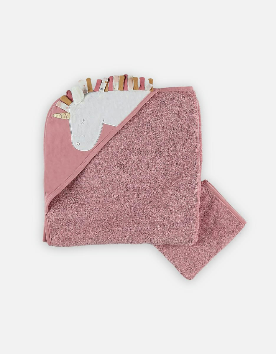 - Cape de bain avec gant licorne rose  (75 x 75 cm)