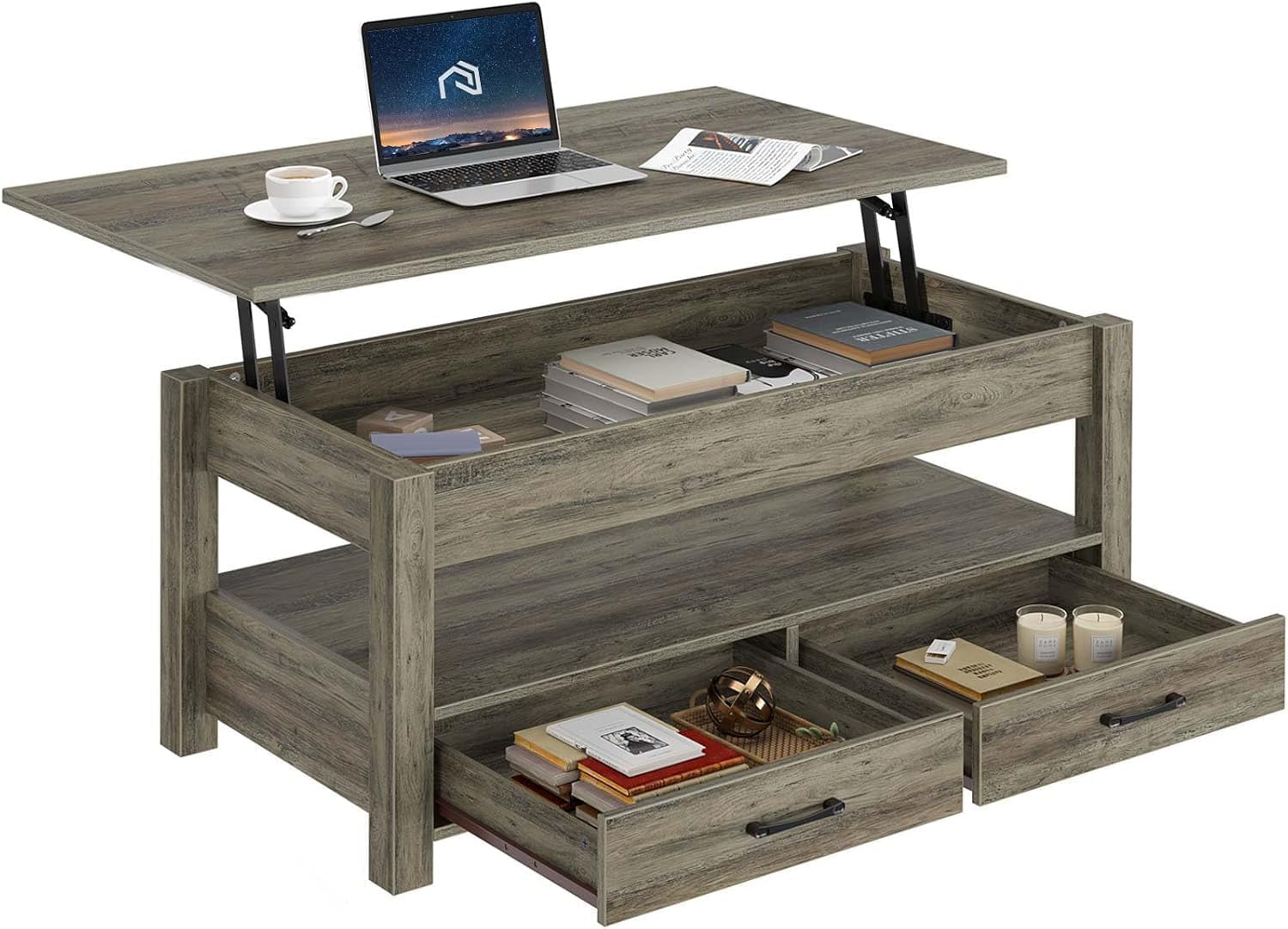 Rolanstar Coffee Table, 47.2 Lift Top Coffee Table with Drawers and Hidden Compartment, Retro Central Table with Wooden Lift Tabletop, for Living Room, Washed Oak