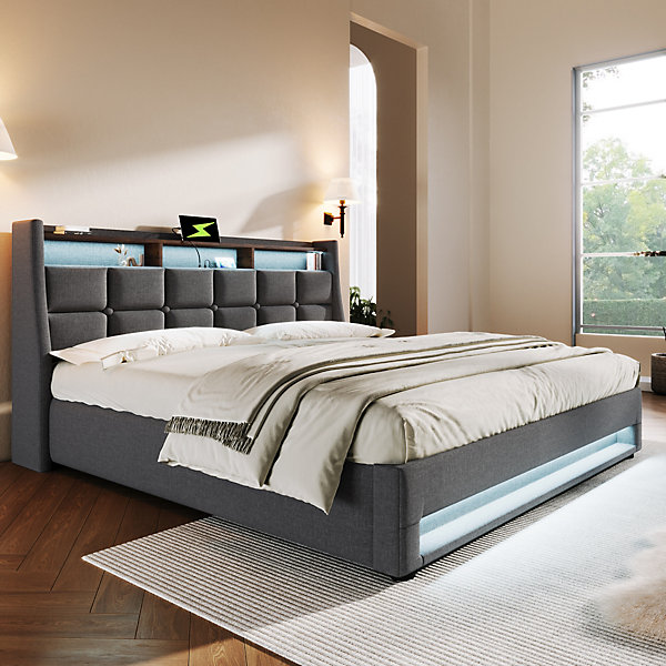 Lit 140x200 cm tapissé lin gris avec éclairage LED et port USB, style vintage moderne, cadre bois-métal