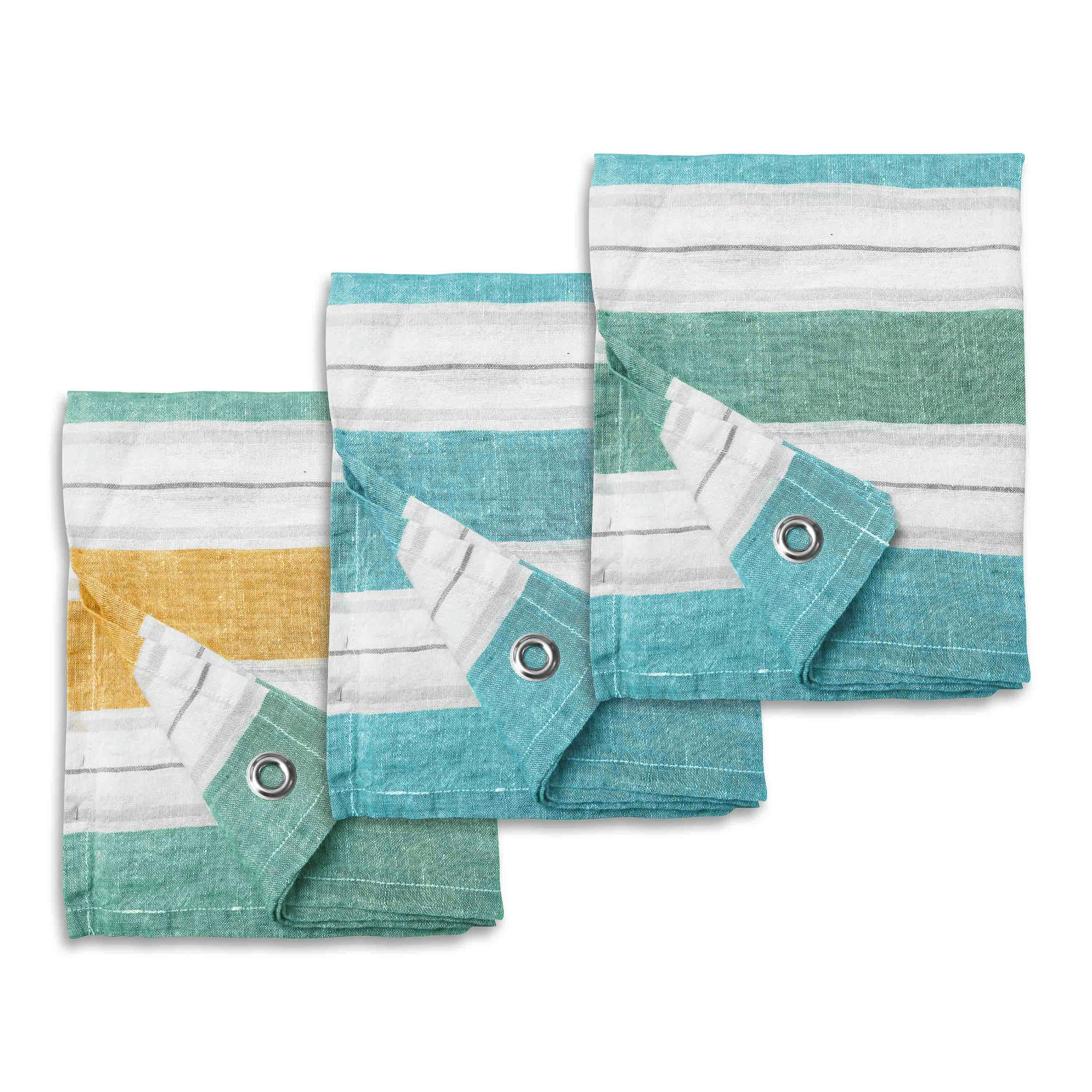 JEU DE RAYURES - Set de trois torchons en lin 47x70cm Turquoise - Vert Paon - Safran