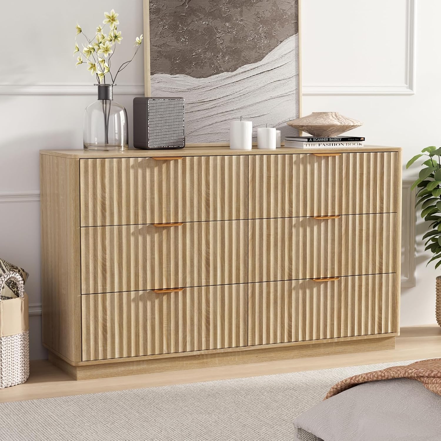 VOWNER Fluted 6 Drawers Dresser for Bedroom, 54 Wide Modern Chest of Drawers with Metal Handle, Closet Clothes Storage Organizer, Wood Dresser TV Stand for Living Room, Closet, Hallway, Entryway