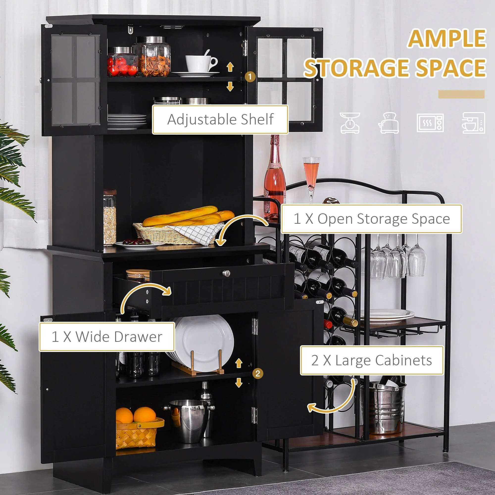Kitchen Pantry Storage Cabinet with Framed Glass Door Drawer and Microwave Space