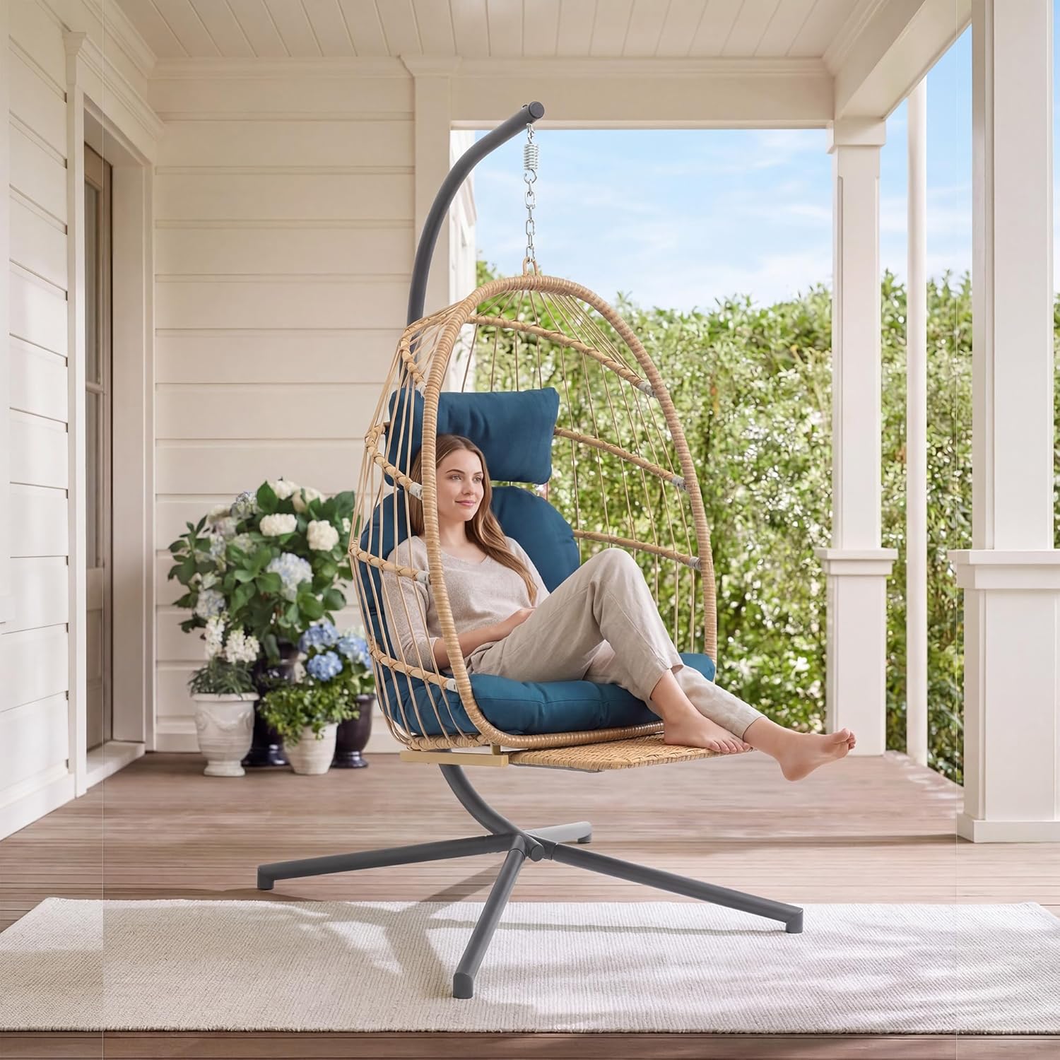 Yechen Hanging Egg Chair with Stand & Footrest, Foldable Wicker Rattan Swing Chair for Indoor Outdoor, Patio Hammock Chair with UV-Resistant Cushion, 350 lbs Capacity for Bedroom Porch Garden