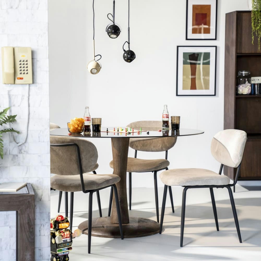 BOOGIE - Table à manger ronde en verre et bois de manguier D130cm bois foncé