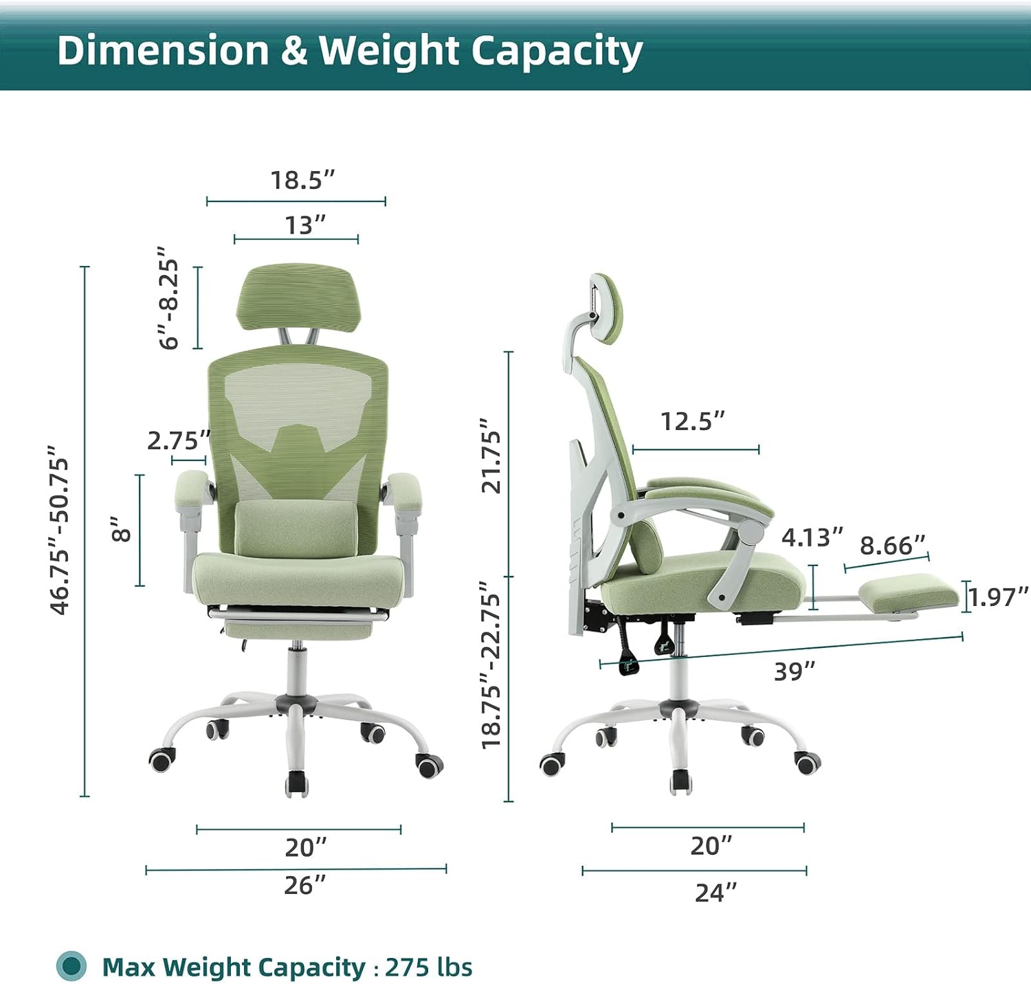 DUMOS Home Office Desk Chair with Footrest, High-Back Mesh Rolling Swivel Reclining Chairs with Wheels, Comfortable Headrest, Lumbar Support, Comfy Arms for Home, Office, Gaming, Elegant Green
