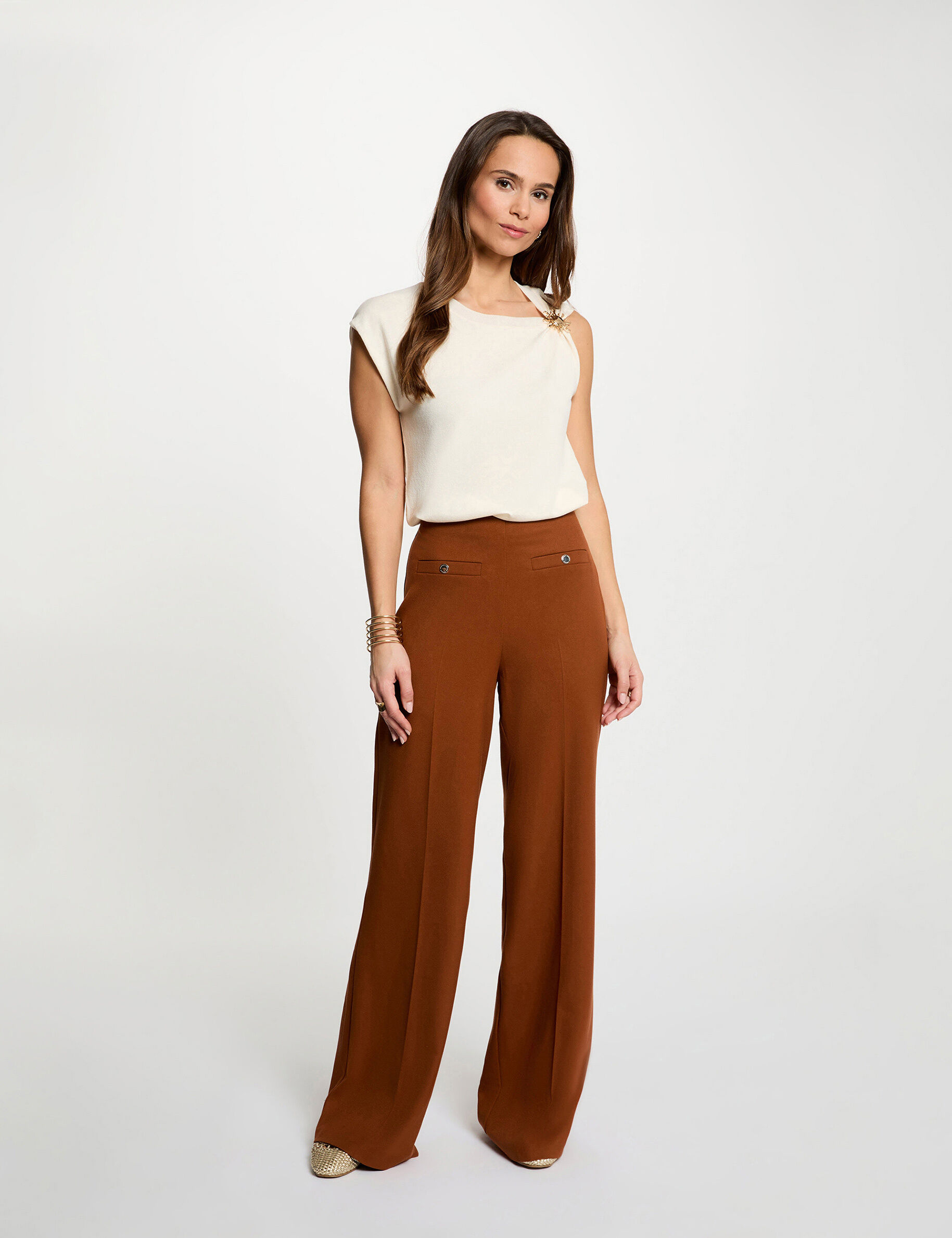 High-Waisted Wide-Leg Trousers Cognac Brown Women