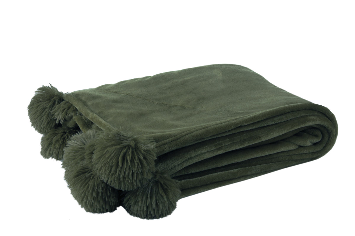 J-Line plaid Pompom - polyester - donkergroen - 170 x 130 cm