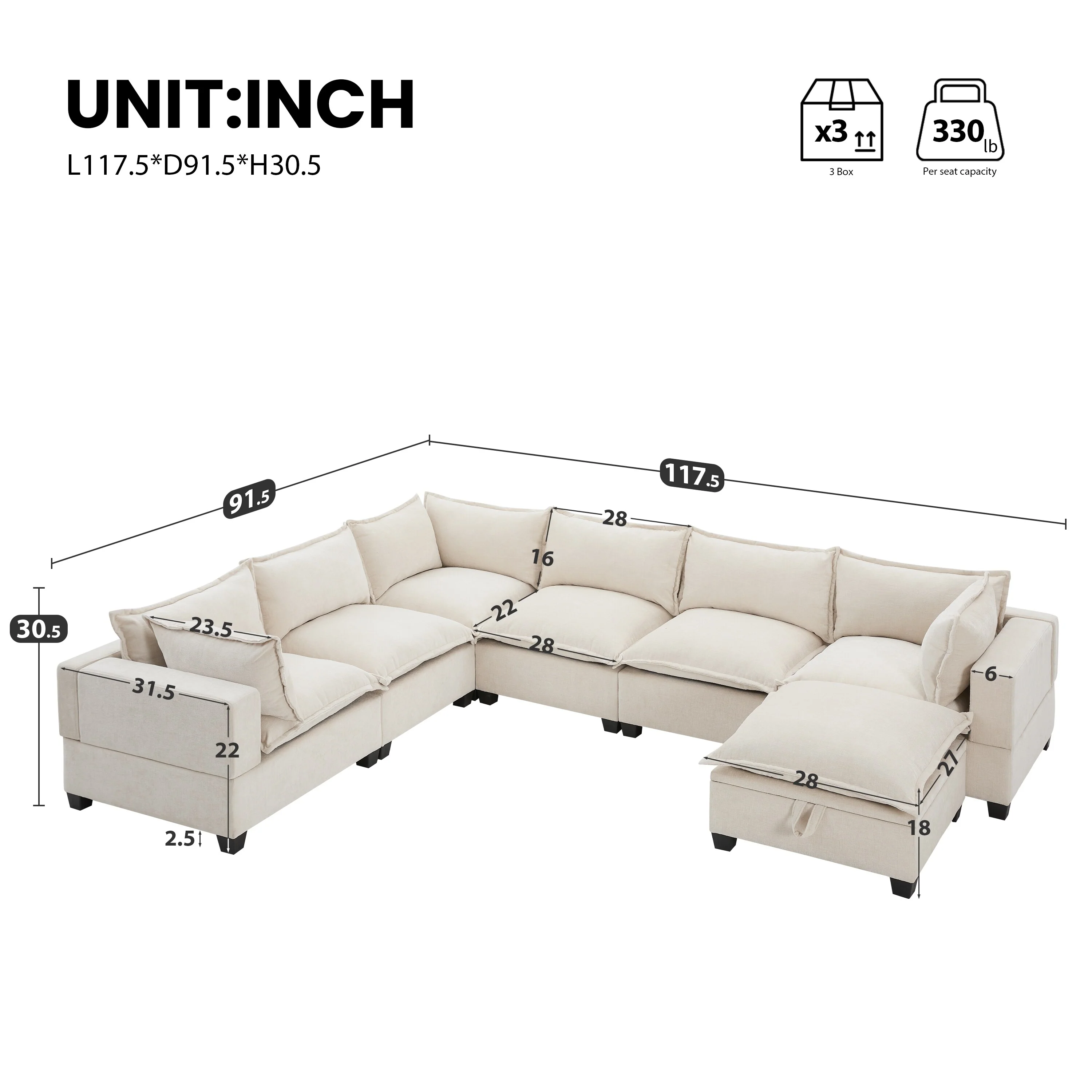Modular Sectional Sofa with Movable Storage Ottoman,7 Seat U Shaped Couch,Wide Seat & Free Combination,Oversized Chenille Sofa