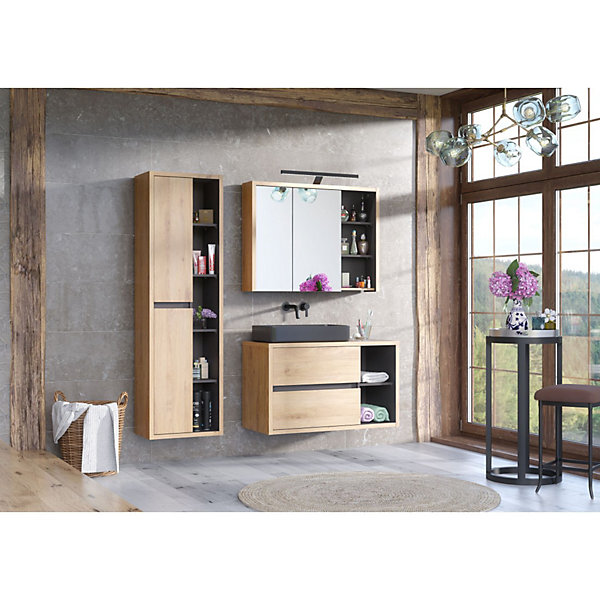 Meuble de rangement MATT 100 cmChene clair et gris anthracite2 portes miroir