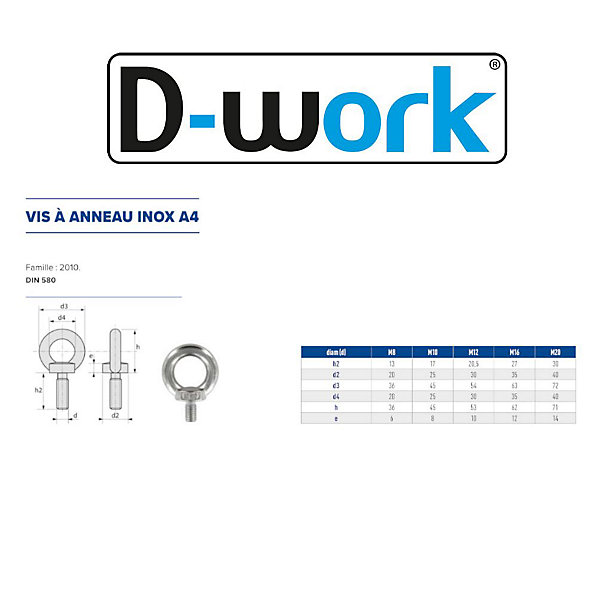 10 Vis à Anneau D. int 30 mm x D. ext 54 mm x M12 mm - DIN 580 - Inox A4 - D-Work