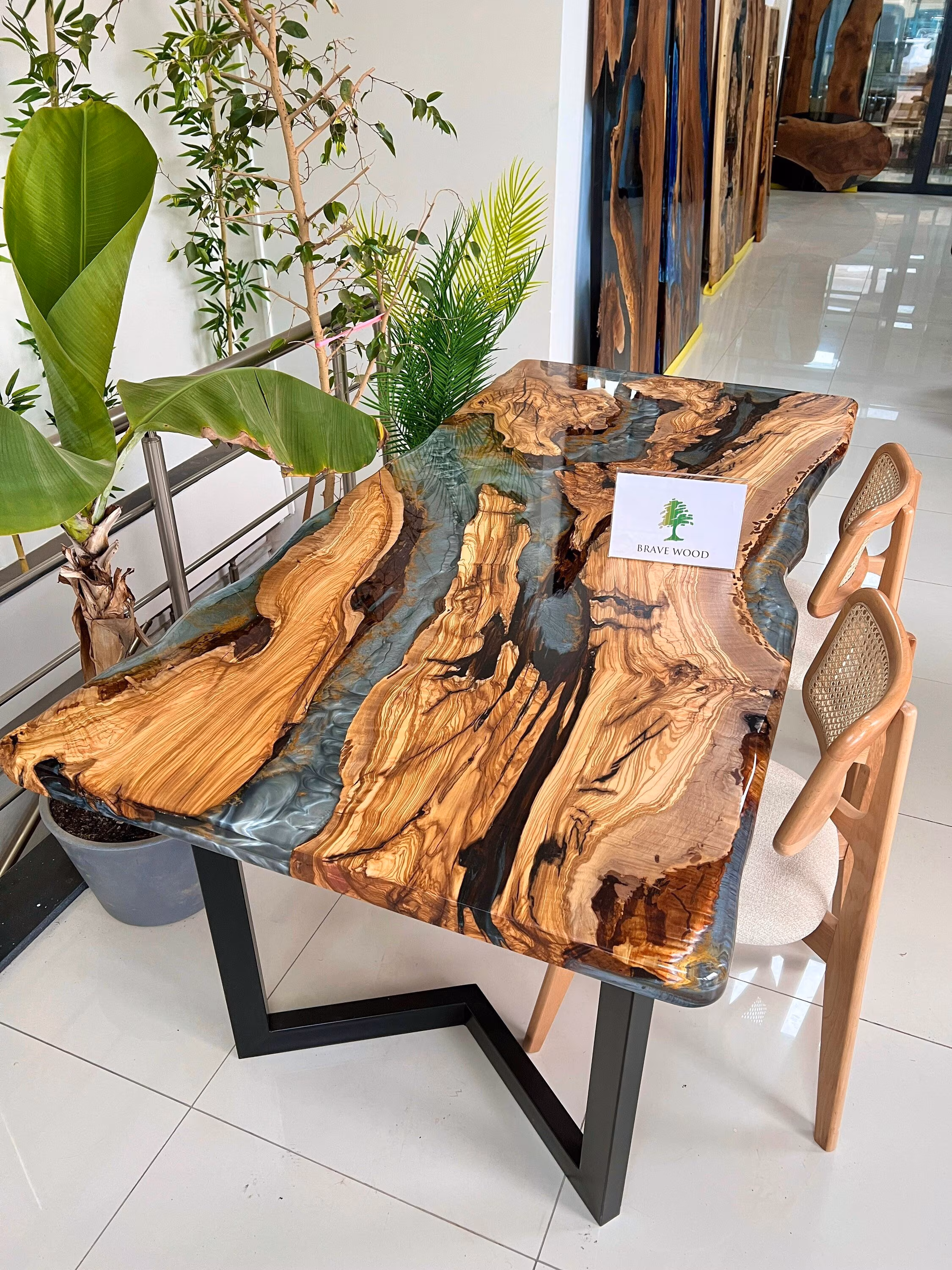 Custom Olive Wood Epoxy Resin Dining Table: Live Edge River Table
