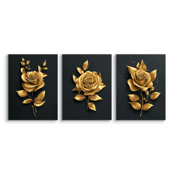 3x Obraz Set Złote Róże Kwiaty Styl Glamour 30x40cm