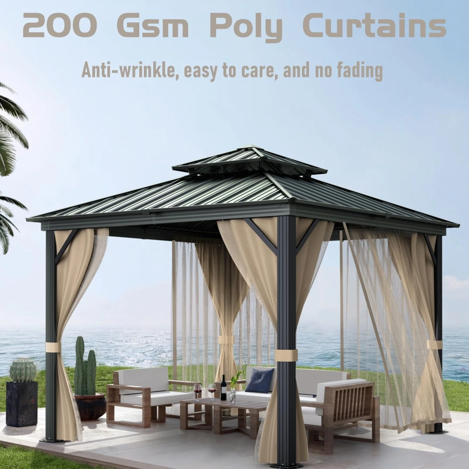 10��x10�� Hardtop Gazebo with double metal roof, aluminum frame, net, and curtain. All-weather, ideal for patio, deck, garden, backyard. Khaki.(Khaki/10x10FT)