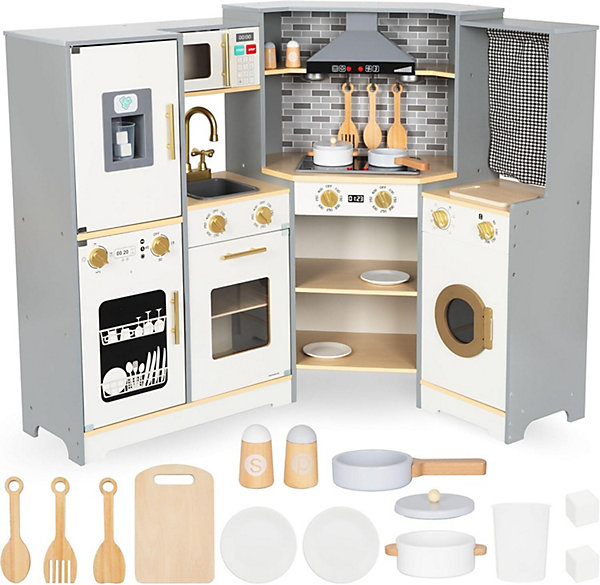 Cuisine pour Enfants en Bois 3  avec éclairage LED, avec Laveuse, Four, Lave-Vaisselle, Hotte aspirante, Distributeur