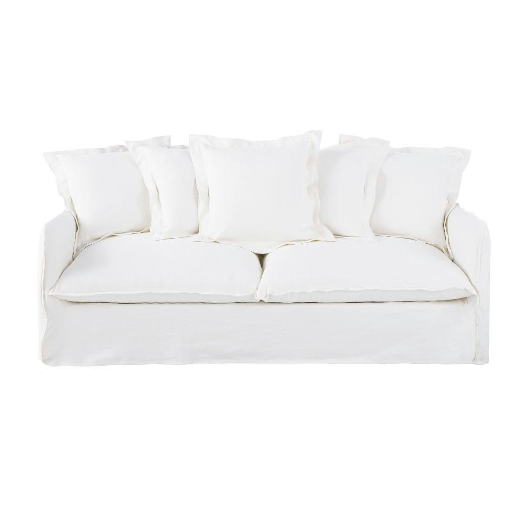 Barcelone - Canapé convertible 3/4 places en lin supérieur blanc, matelas 6 cm