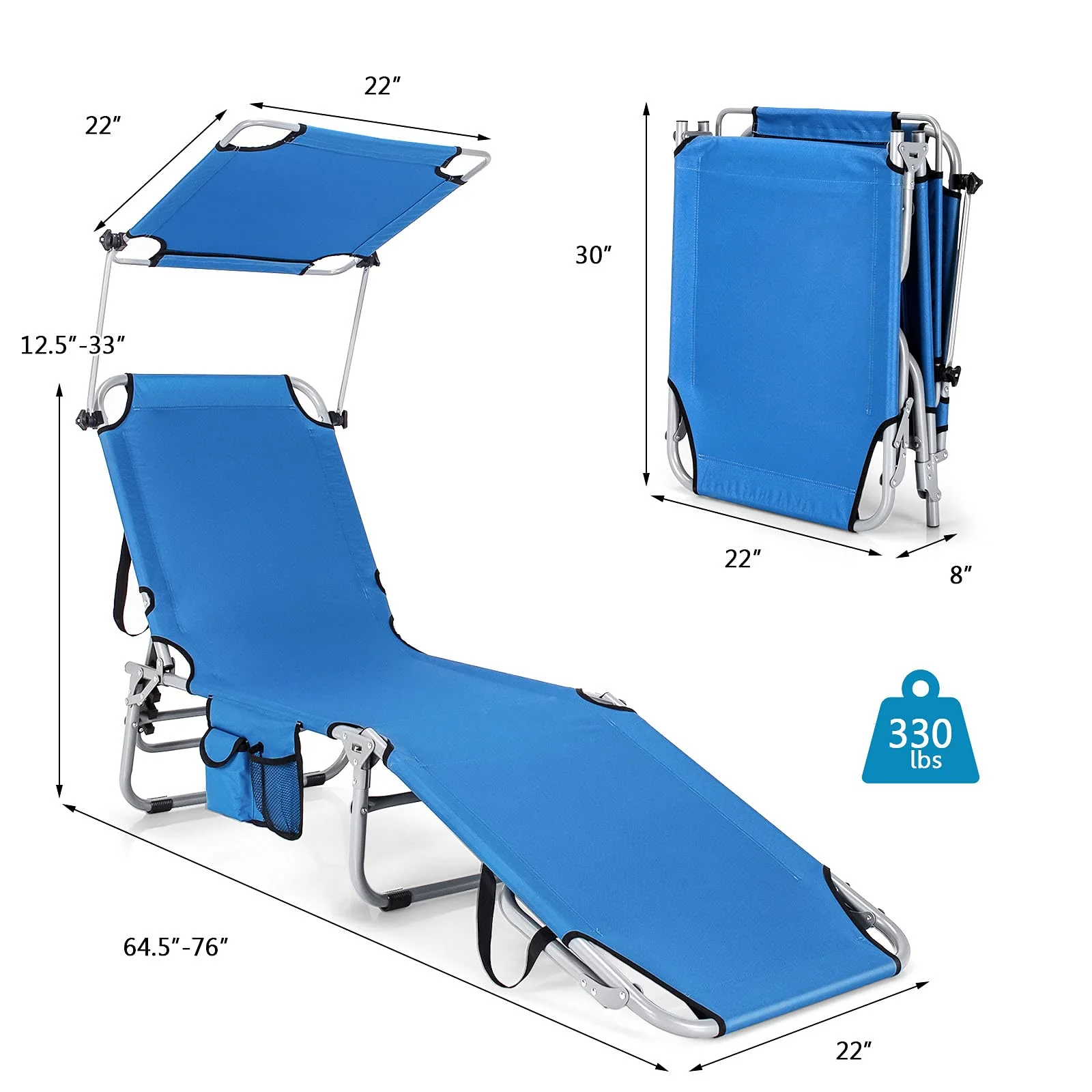 Folding Lounge Chair w/Shade Canopy and Storage Pocket(Black/1)