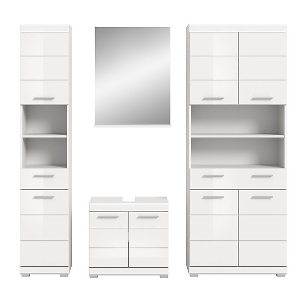 Eteka- Combinaison de salle de bains (L/H/P : 186x191x34 cm) en blanc reproduction et blanc thermoformé brillant