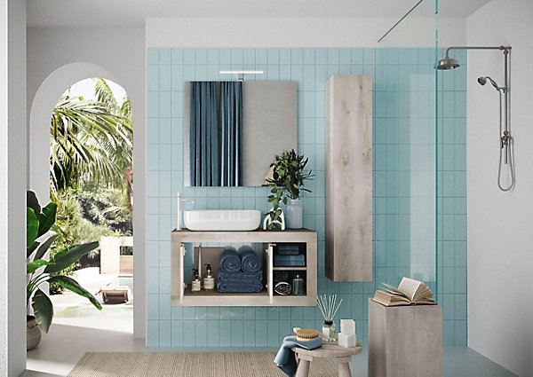 Ensemble salle de bain, meuble suspendu colonne miroir vasque BASIC pin blanc, 92 x 47 x 45 cm