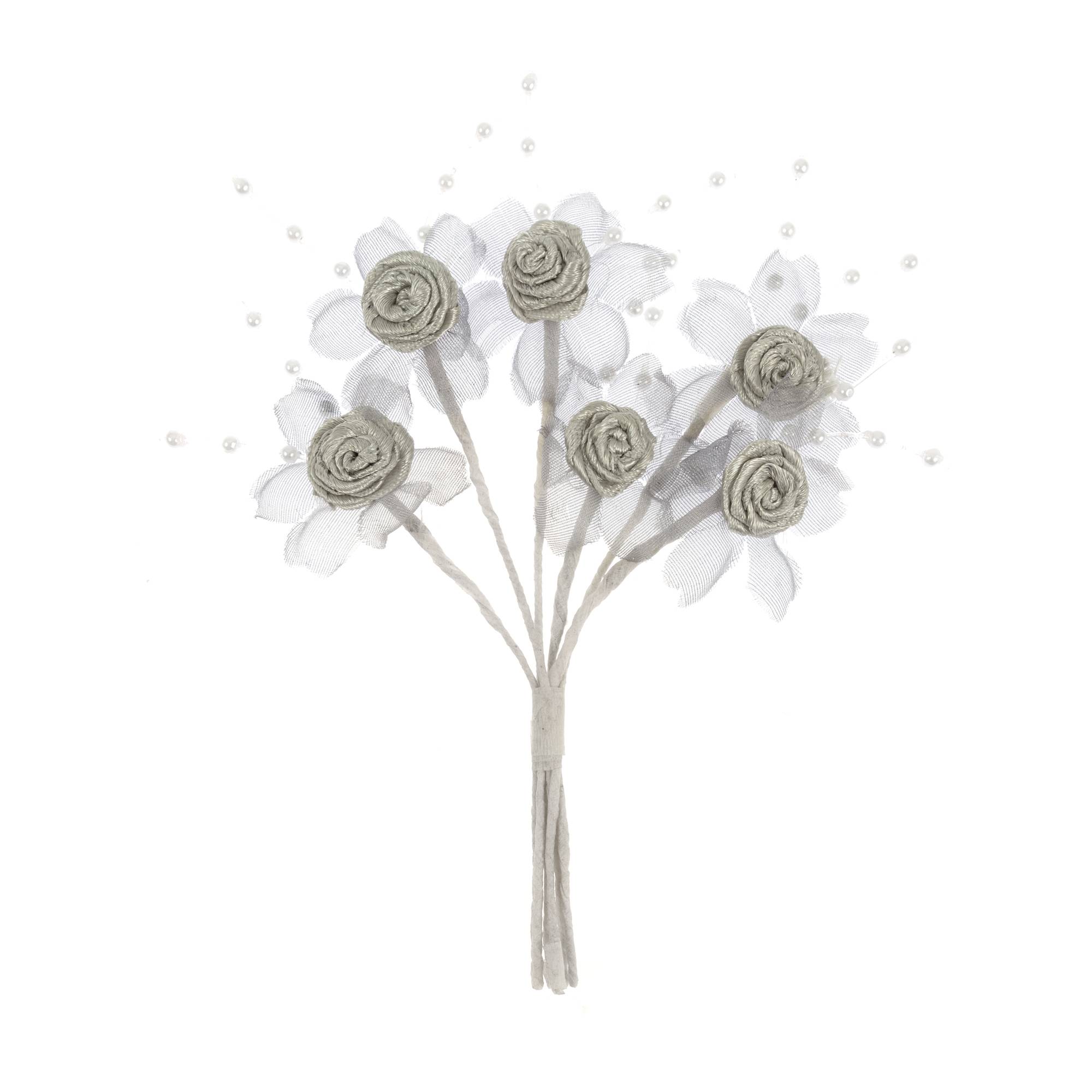 Silver Pearl Rose Wired Floral Picks 6 Pieces