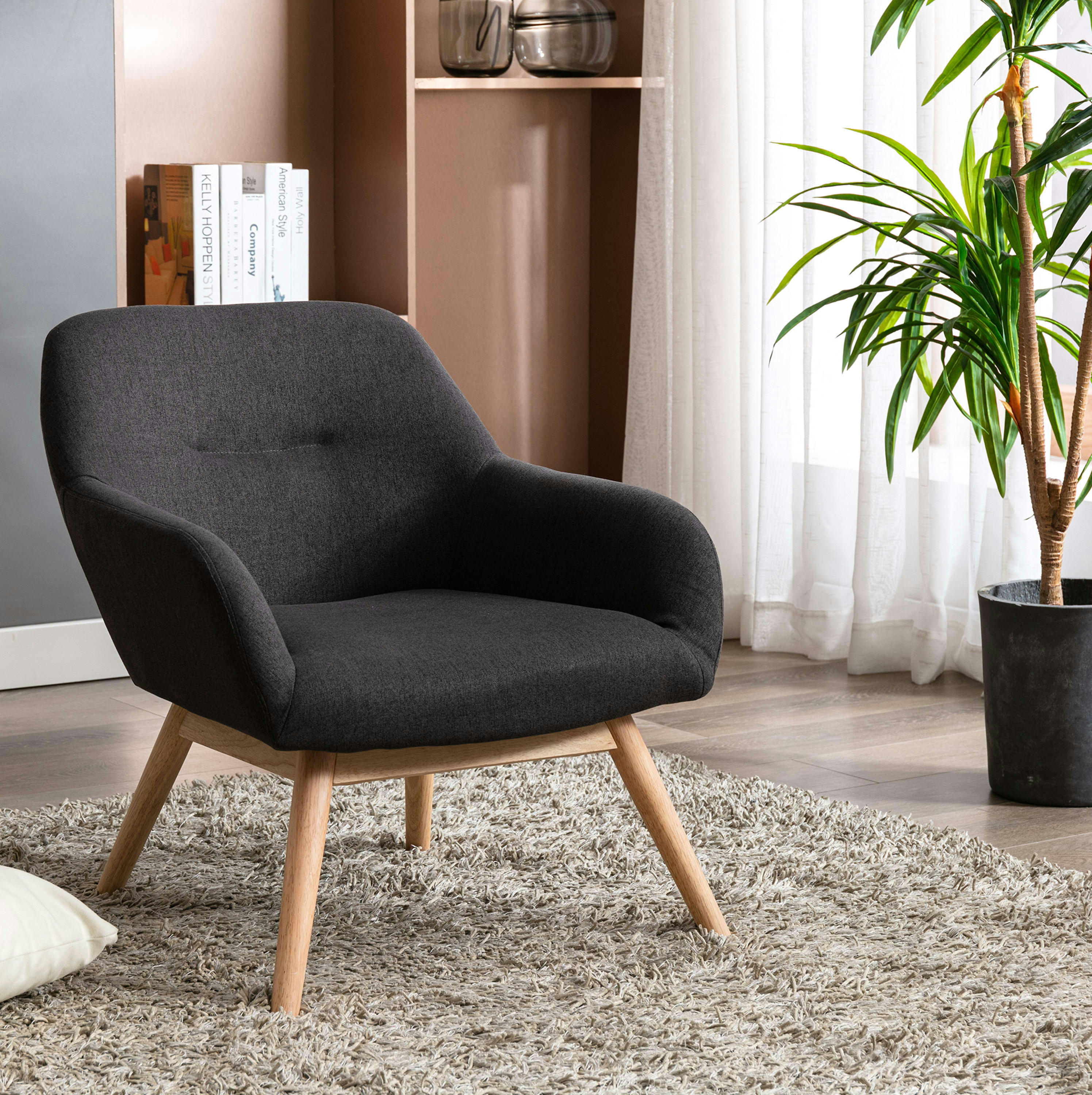 MALMO - Fauteuil tissu gris foncé pieds bois