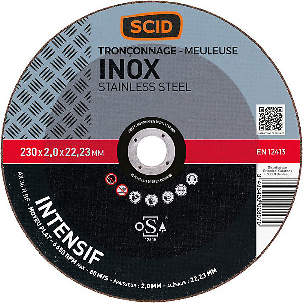 Disque à tronçonner - SCID - Diamètre 230 mm - Inox - Usage fréquent - Moyeu plat