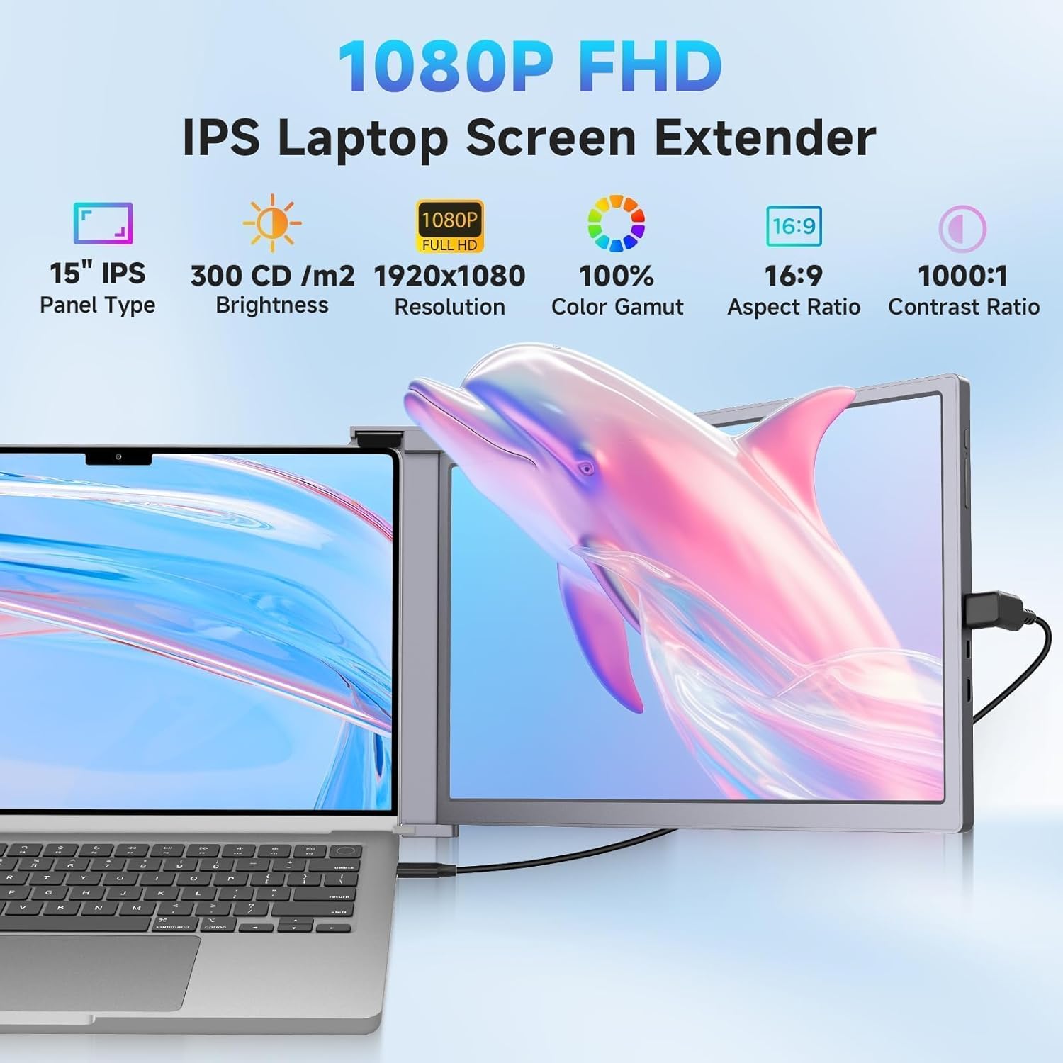 Laptop Screen Extender  15 1080P IPS FHD Triple Monitor for 15-17.3 Laptops  Plug & Play Portable Monitor Extender with USB-C/HDMI/USB-A for Mac/Windows/Chrome/Android Gray