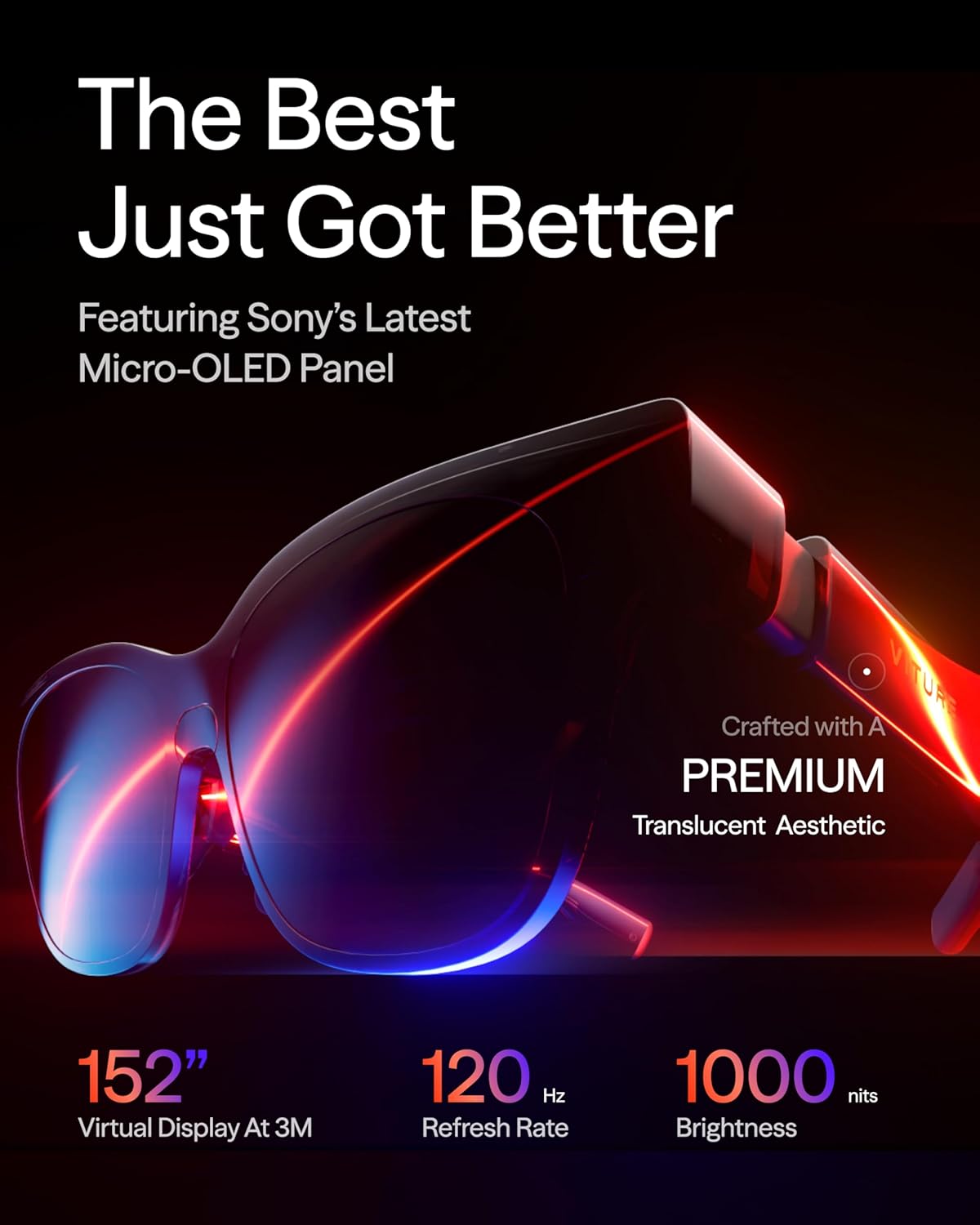 VITURE Luma Pro XR Glasses — 152” 1200p 120Hz Ultra Sharp Display  52° FOV  Electrochromic Film Myopia Adjustments  Harman Audio  AR Glasses for iPhone 17/16/15  Android  Mac  PC  Steam Deck  Switch 2
