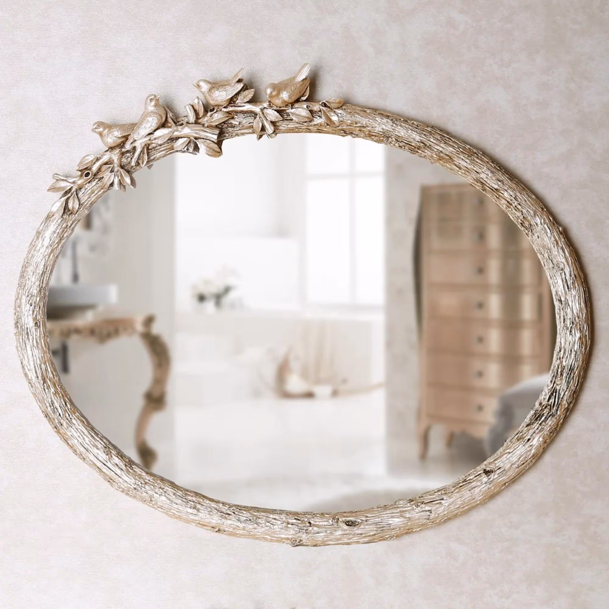Bird Oval Pearl Wall Mirror / Handmade Resin Frame / 21x26 inches