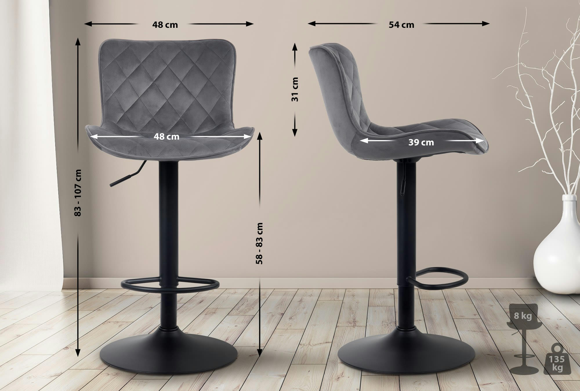 EMMA - Lot de 2 tabourets de bar ajustables pivotants velours Gris foncé