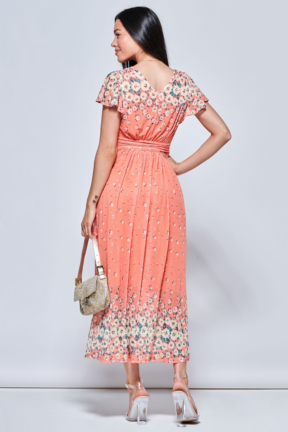 Jolie Moi Mirrored Floral Print Mesh Maxi Dress