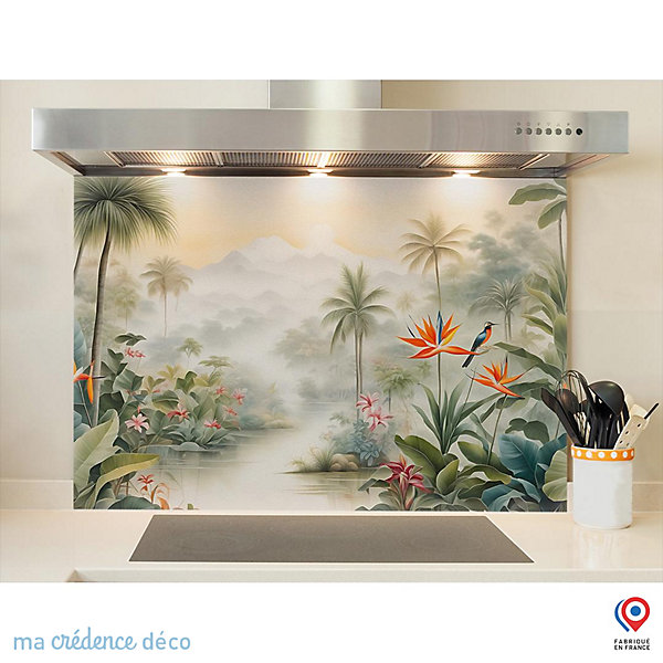 Crédence cuisine fond de hotte Jungle tropicale colorée - Verre trempé - L 90 cm x H 60 cm - MaCrédenceDéco