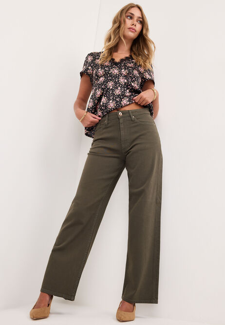 Womens Khaki High Rise Wide Leg Jeans