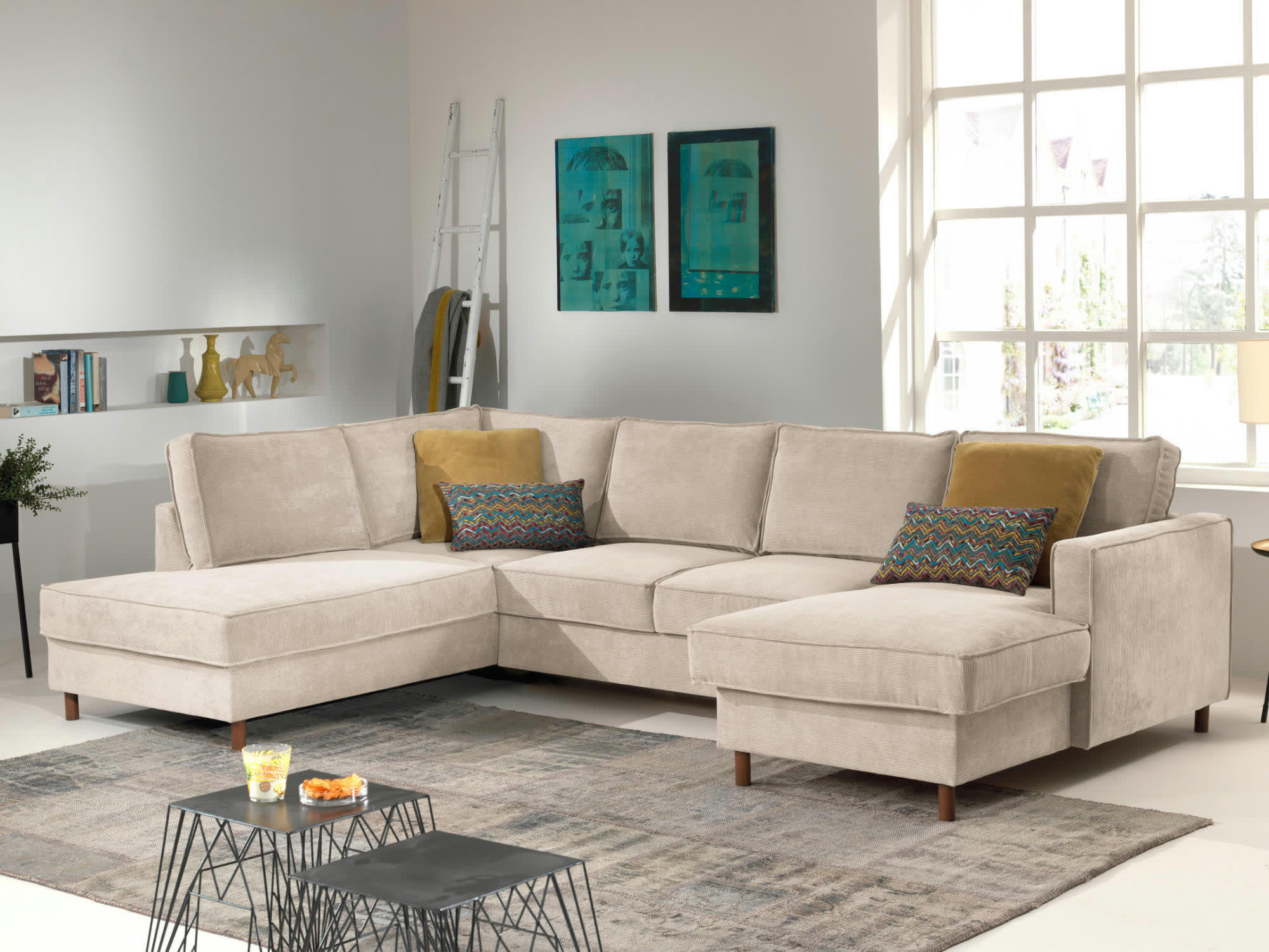 JAKE - Canapé panoramique 7 places angle gauche en velours côtelé beige