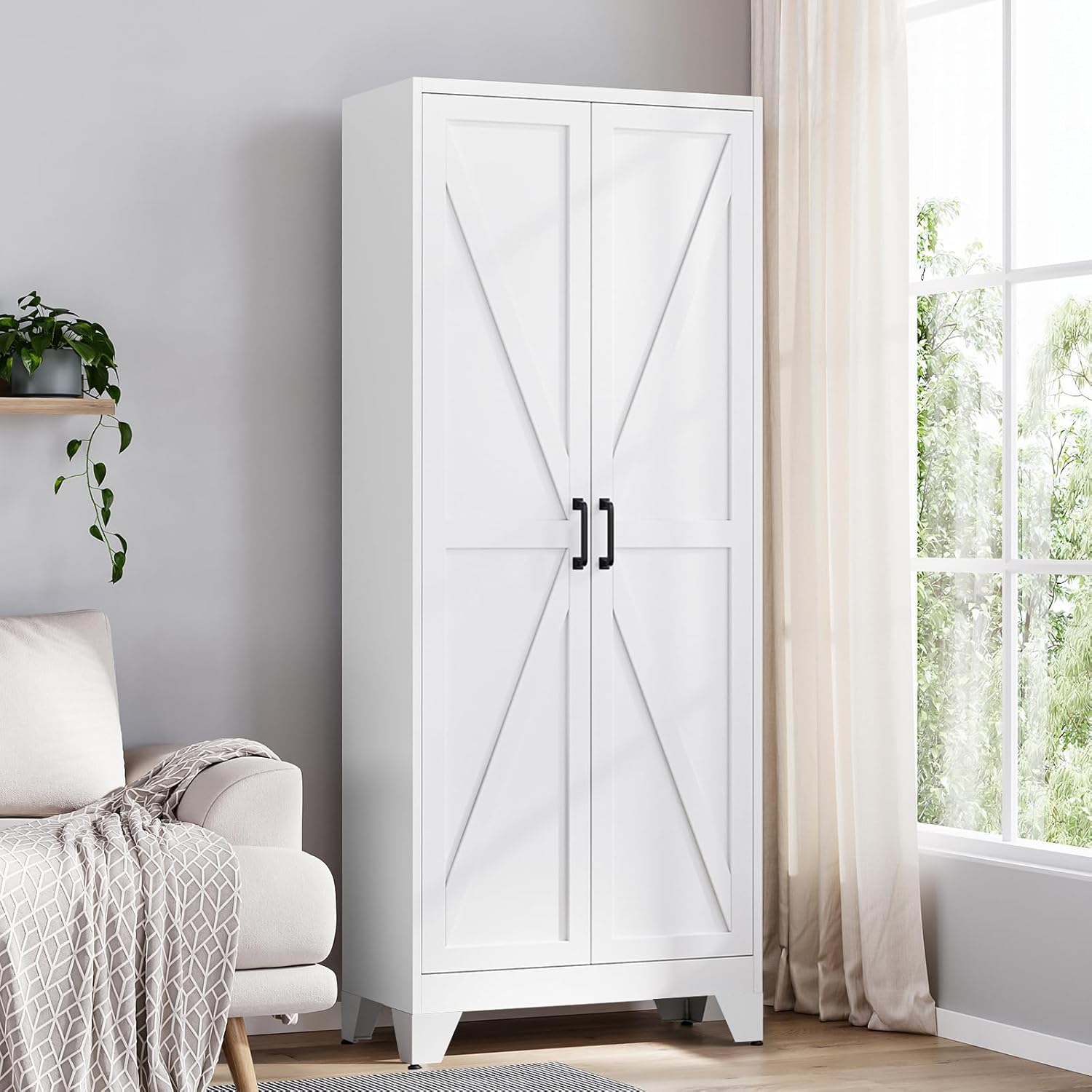 Yizosh Metal Storage Cabinet with Doors and 4 Adjustable Shelves - 75 White Kitchen Pantry Storage,4-Tier Tall Steel Cabinet Locker for Kitchen,Living Room,Dining Room
