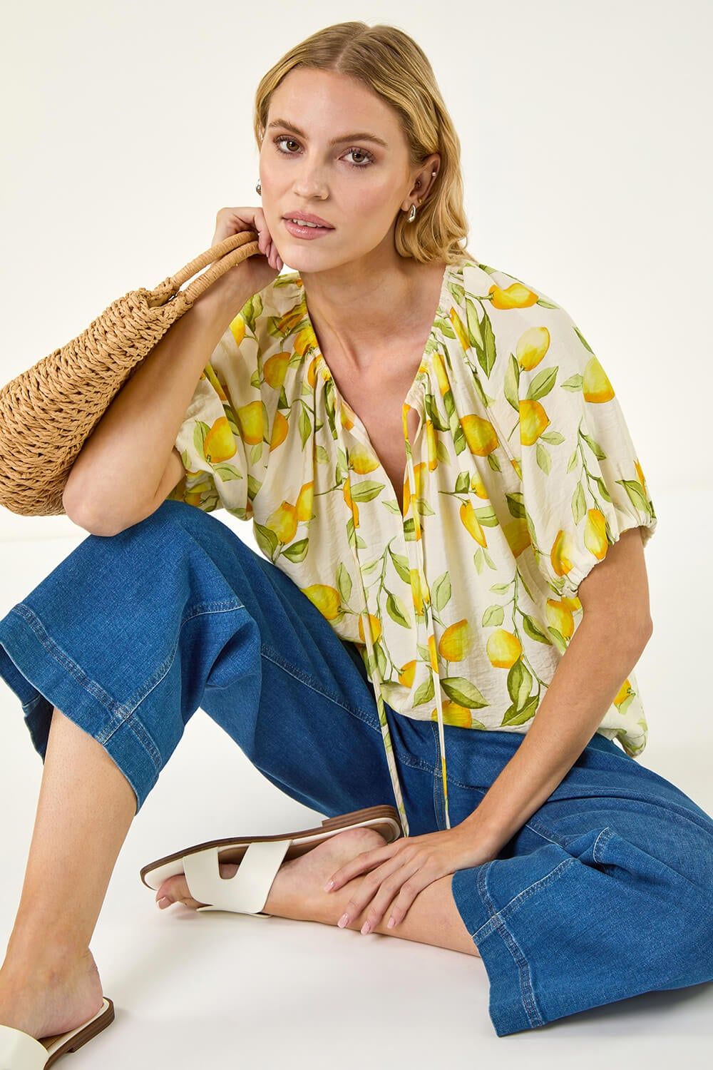 Roman Lemon Print Tie Front Top