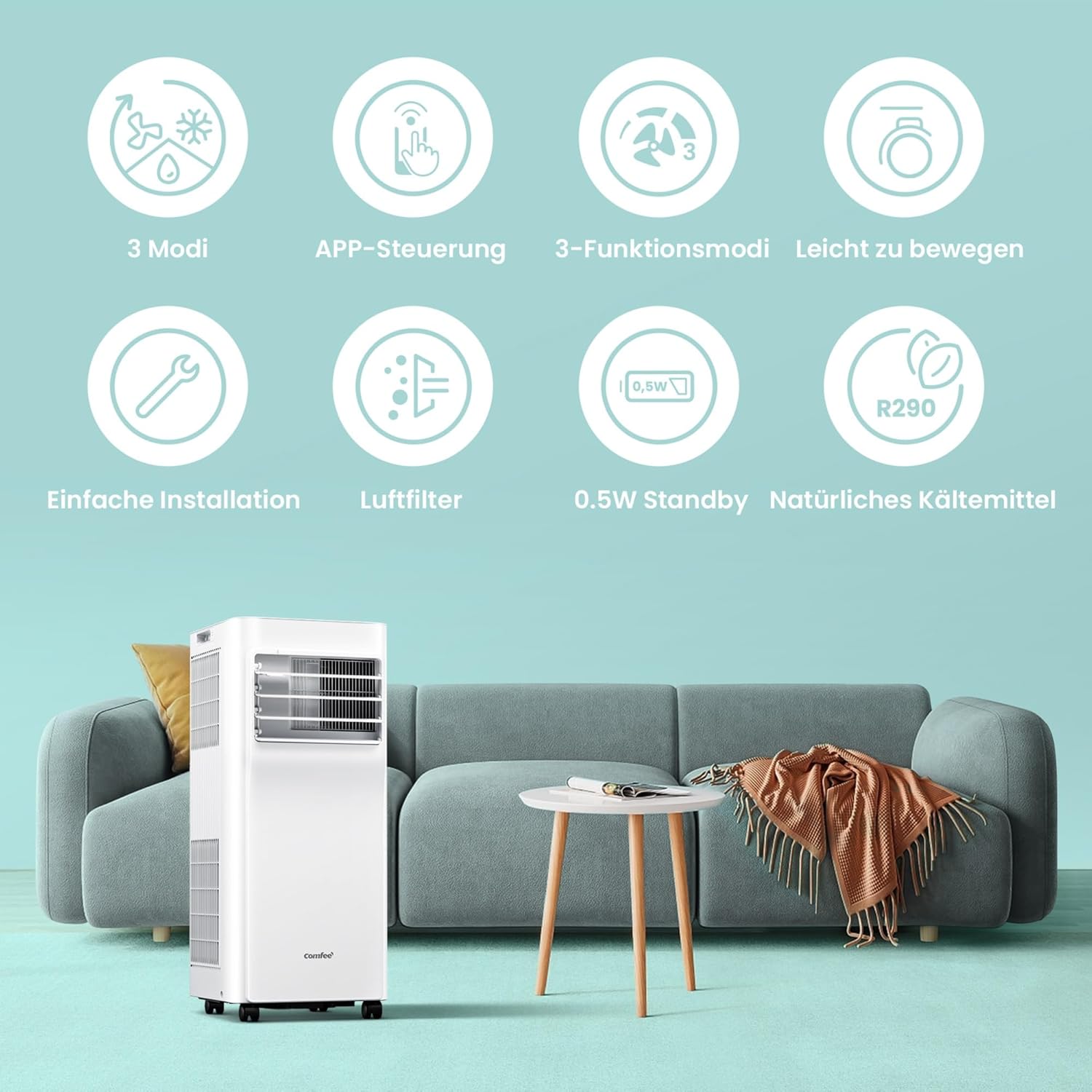 Comfee Mobiles Klimagerät Breezy Cool Pro 2.6,9000 BTU 2,6kW, Kühlen&Ventilieren&Entfeuchten,APP-Steuerung