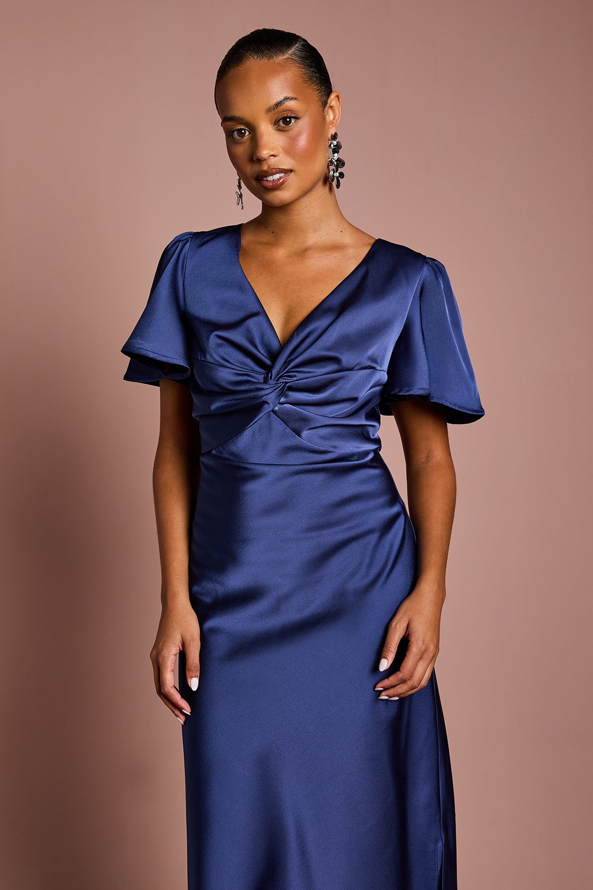 Oasis Petite Satin Twist Angel Sleeve Midi Bridesmaid Dress
