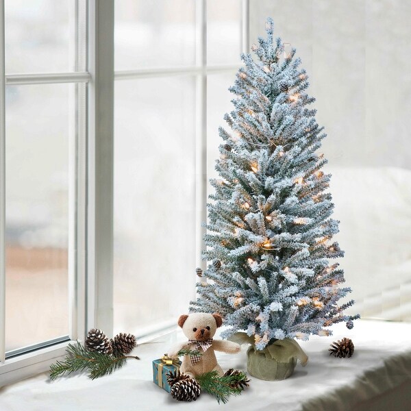 Puleo International Pre-Lit 4' Flocked Fir Artificial Christmas Tree with Pines Cones, and 100 Lights, Green