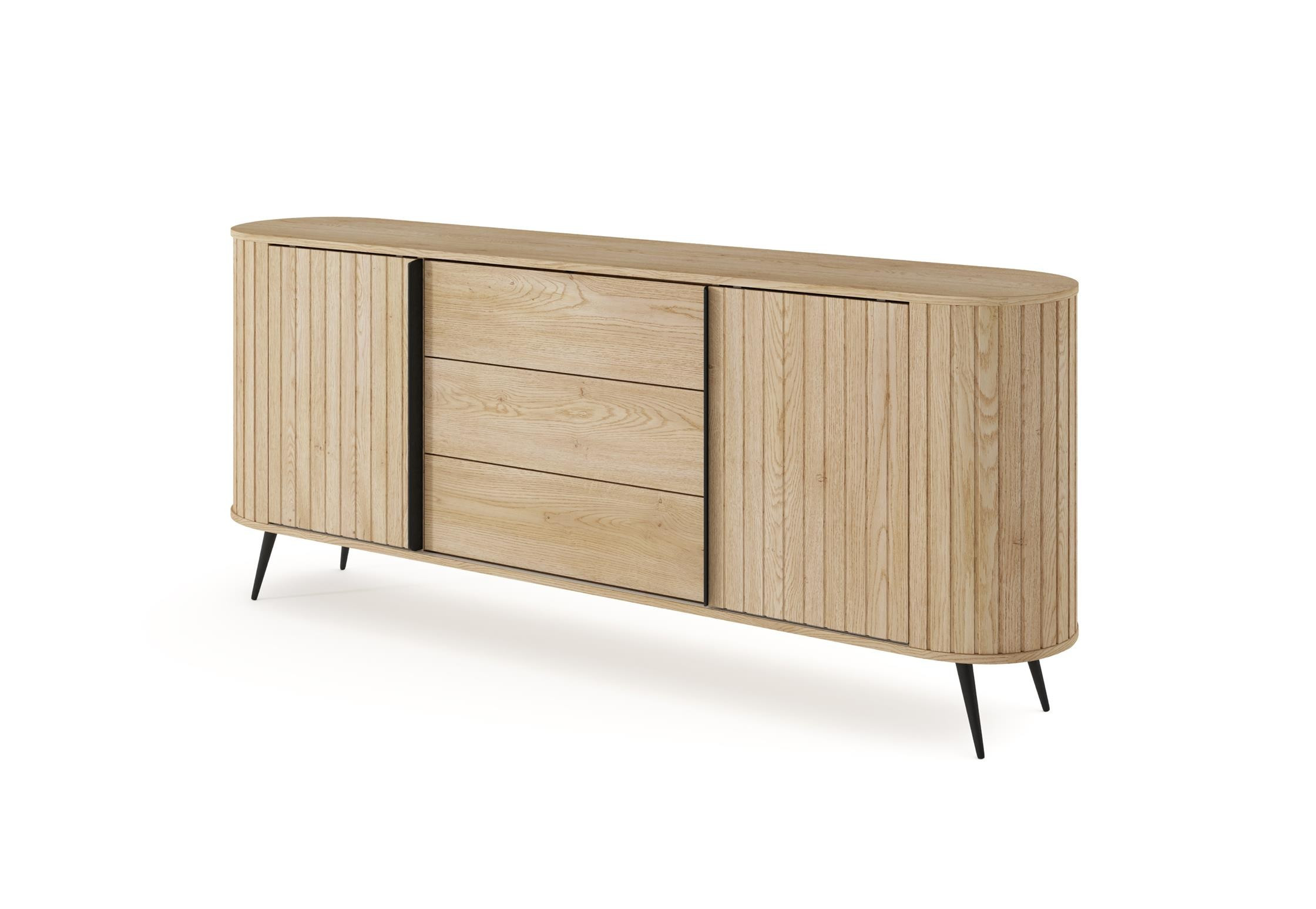 Komoda RIVO 196 cm dąb cremona z ryflowany front 3 szuflady przesuwne drzwi