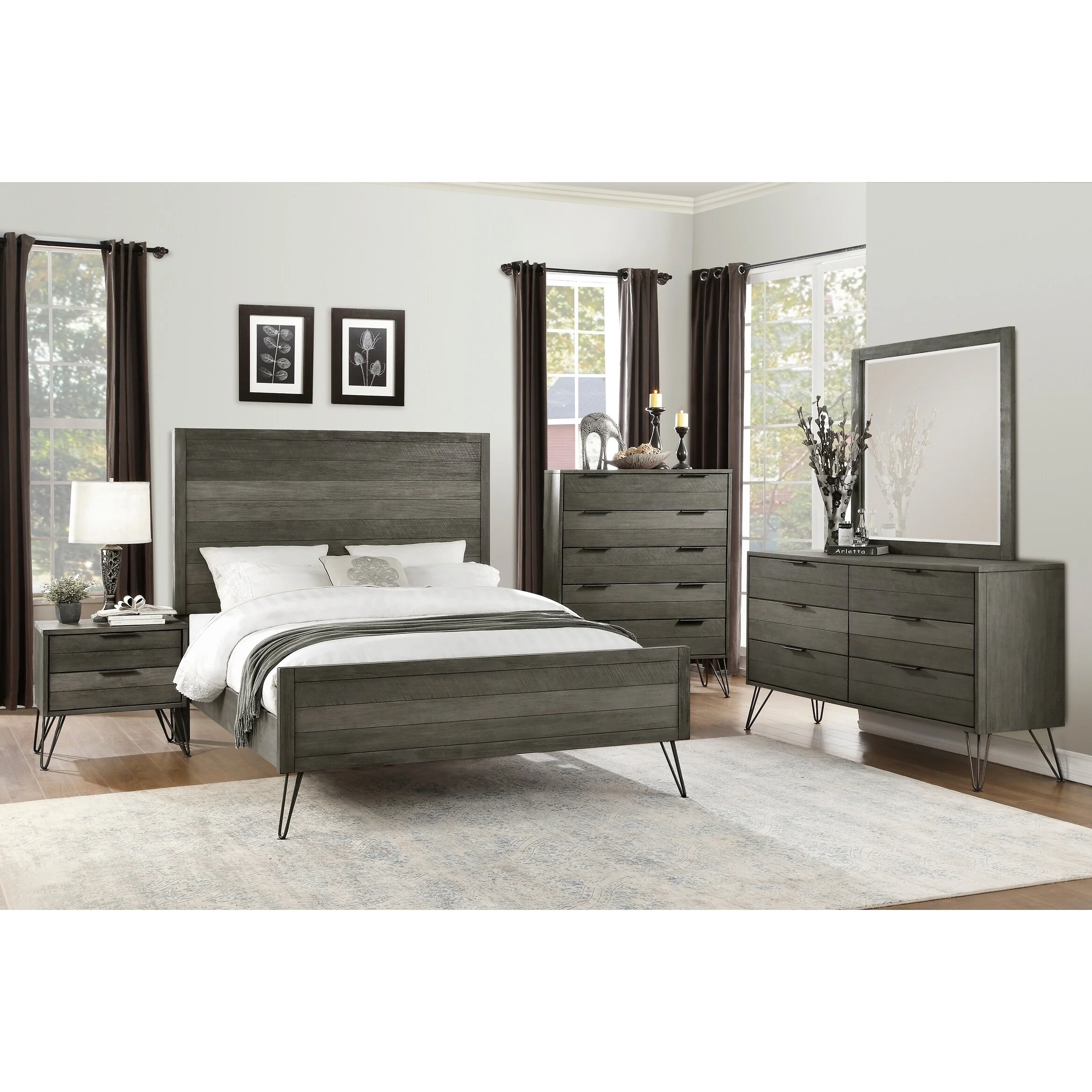 Contemporary Three-Tone Nightstand Perched atop Metal Legs Acacia Veneer Modern Bedroom Furniture