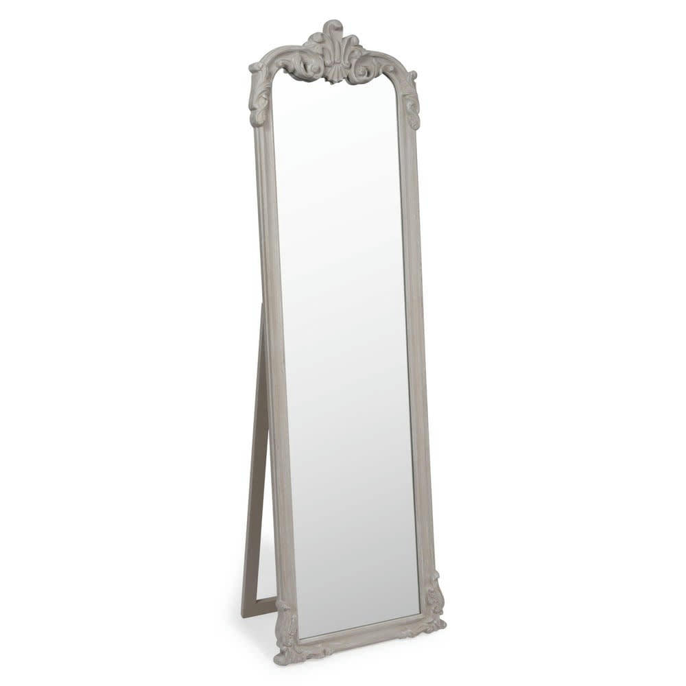 Elina - Grand miroir rectangulaire sur pied à moulures beige 54x178