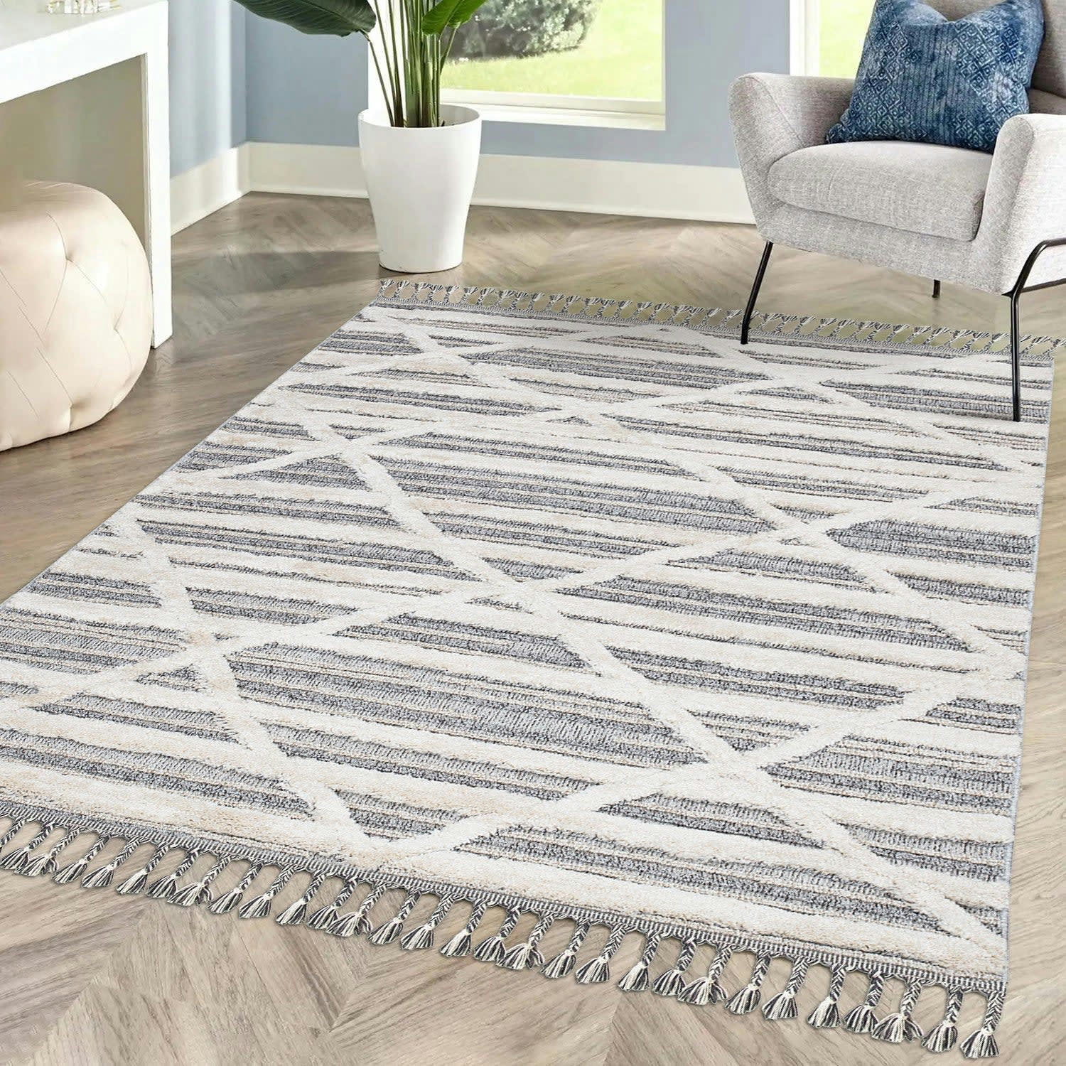 BOHOUSE - Tapis bohème chic à franges tressées crème et gris 80x300cm