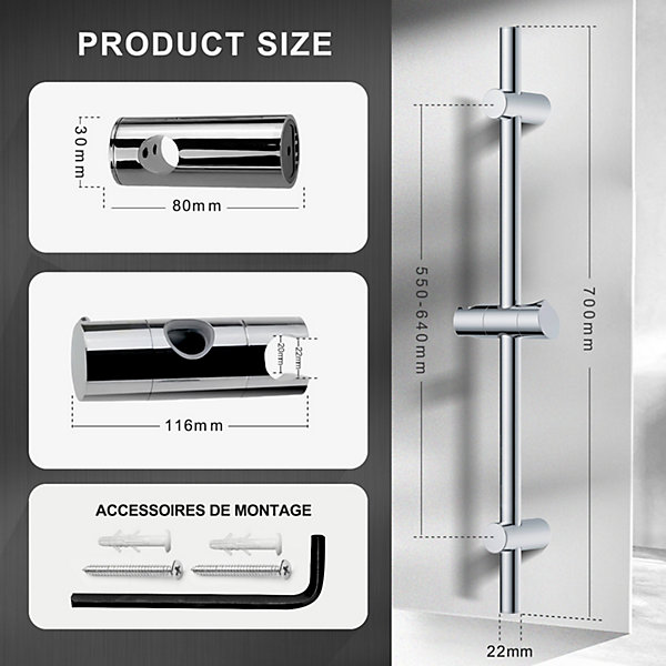 Barre de douche 70cm en Acier Inoxydable Chromé avec Fixations ajustables