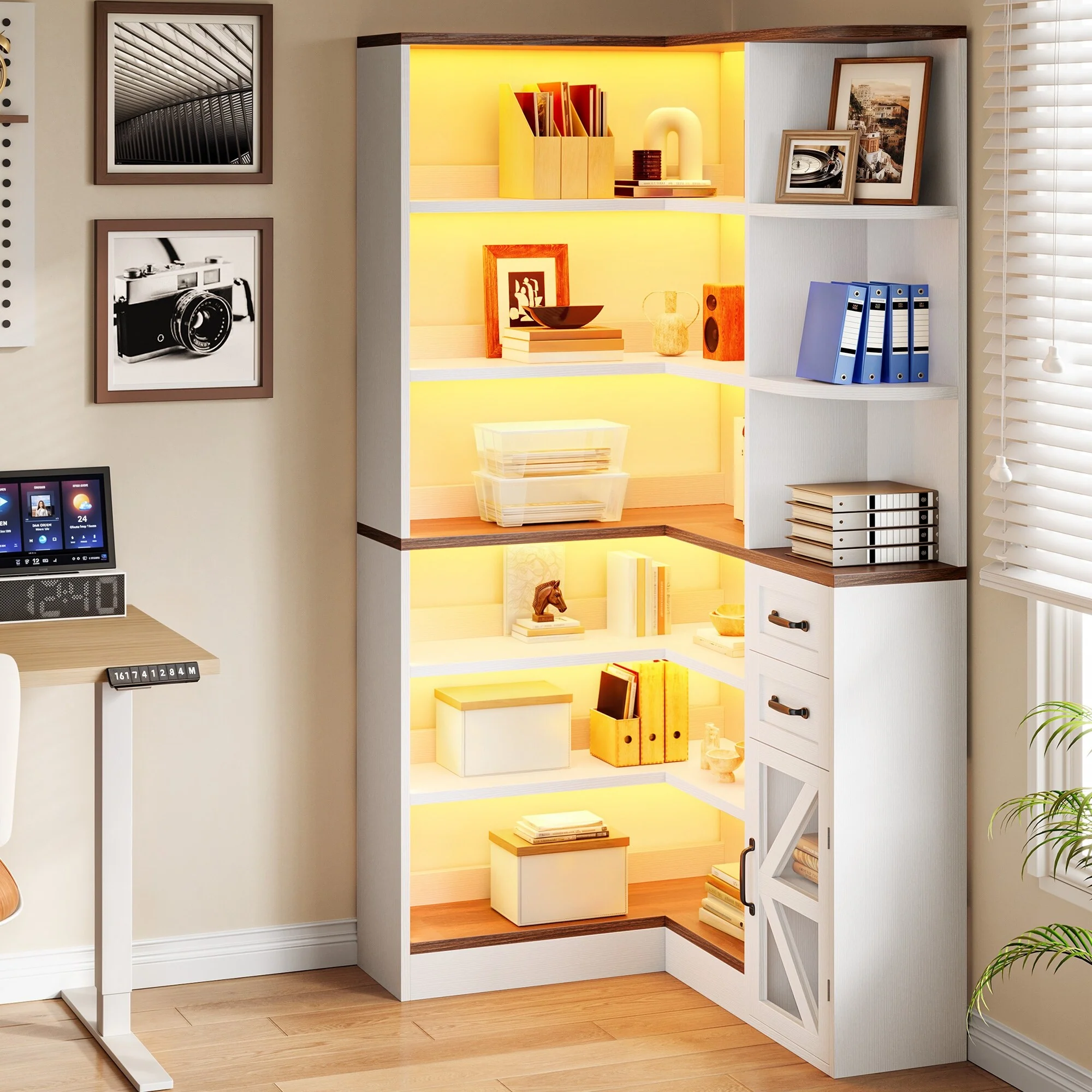 Moasis Modern 6-Tier Corner Bookshelf, 70.9 Inch Industrial Bookcase with Drawers