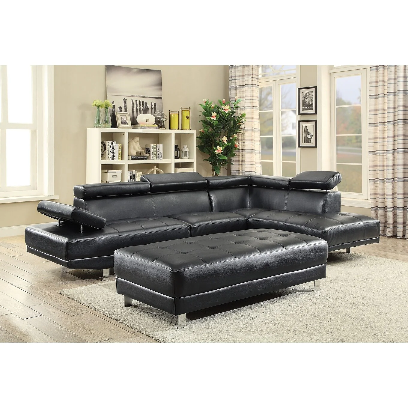 Faux Leather Upholstered Tufted Ottoman - 57 - Black