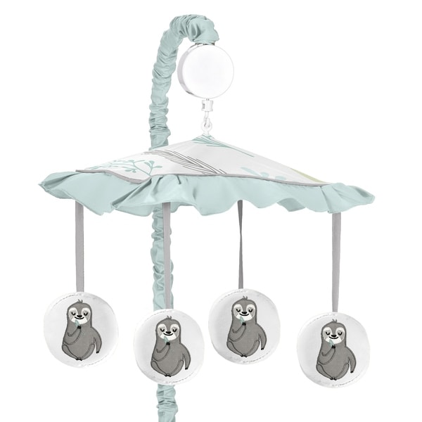 Sweet Jojo Designs Blue Grey Jungle Sloth Leaf Unisex Boy Girl Musical Crib Mobile - Turquoise Gray Green Botanical Rainforest